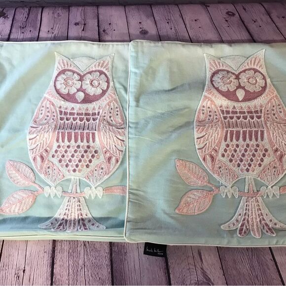 Nicole Miller Boho Mint Green Lilac Decorative Pillow Covers Embroidered Owl (2) - Picture 1 of 8